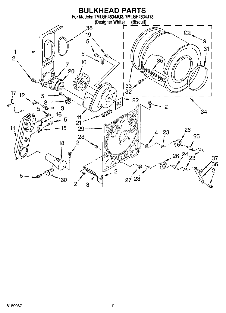BULKHEAD PARTS Diagram and Parts List for 7MLGR4634JT3  Whirlpool Dryer