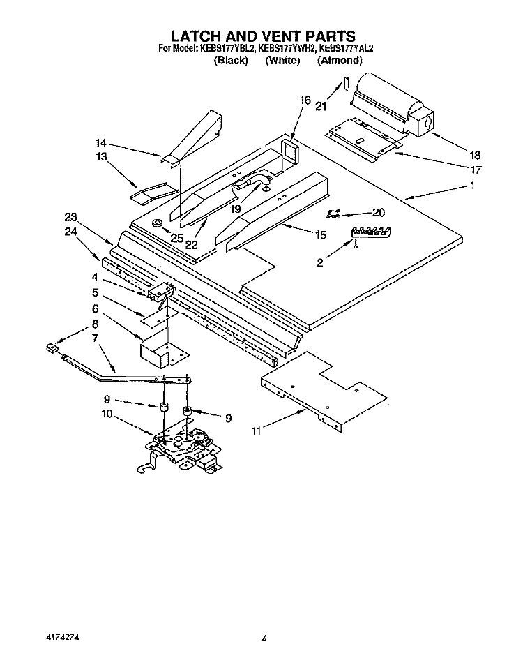 LATCH AND VENT Diagram and Parts List for KEBS177YWH2  KitchenAid Wall Oven