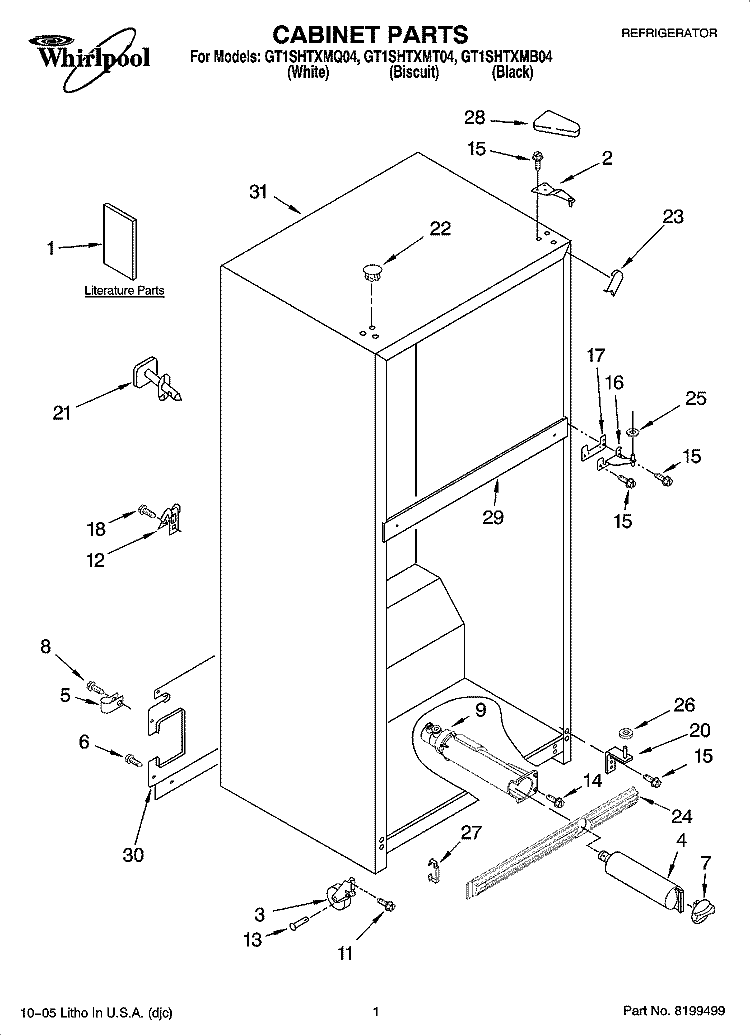 CABINET PARTS Diagram and Parts List for GT1SHTXMB04  Whirlpool Refrigerator