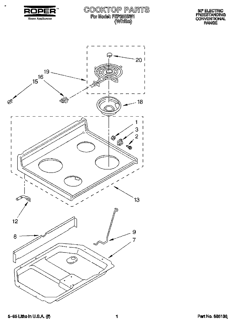 COOKTOP Diagram and Parts List for FEP350BW1  Roper Range