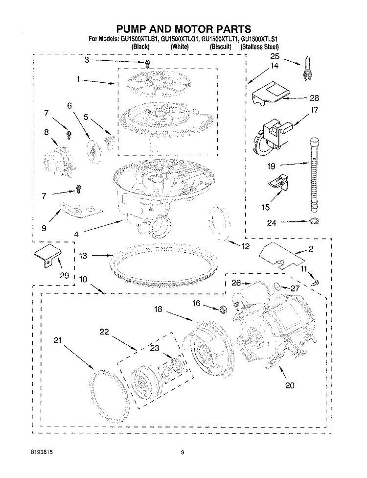 PUMP AND MOTOR PARTS Diagram and Parts List for GU1500XTLT1  Whirlpool Dishwasher