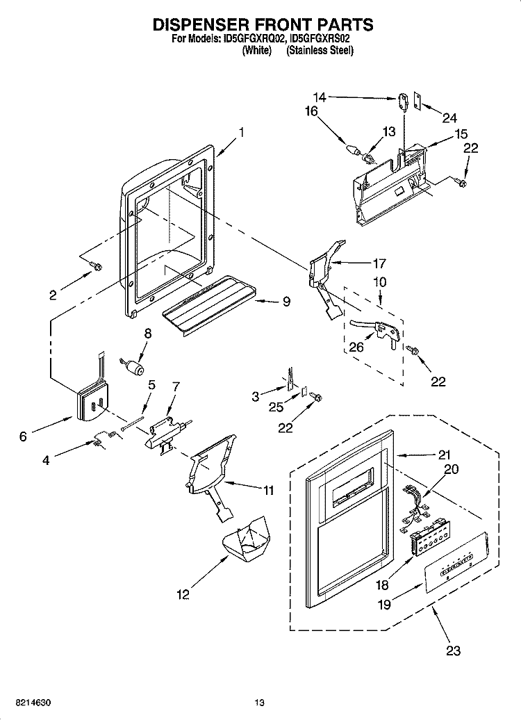 DISPENSER FRONT PARTS Diagram and Parts List for ID5GFGXRQ02  Whirlpool Refrigerator