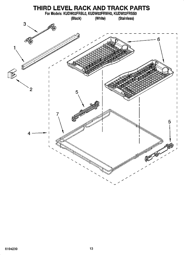 THIRD LEVEL RACK AND TRACK PARTS Diagram and Parts List for KUDW02FRWH0  KitchenAid Dishwasher