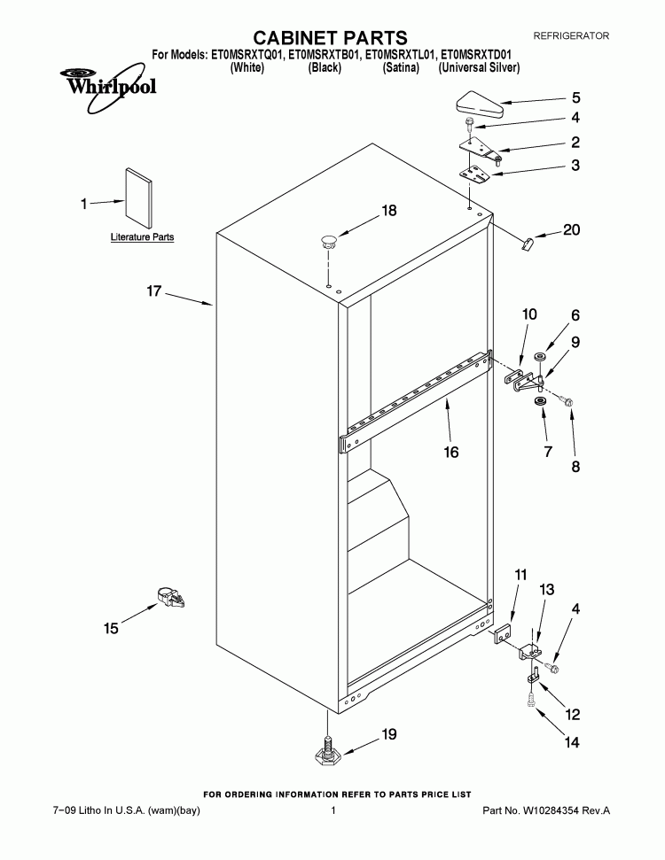 CABINET PARTS Diagram and Parts List for ET0MSRXTB01  Whirlpool Refrigerator