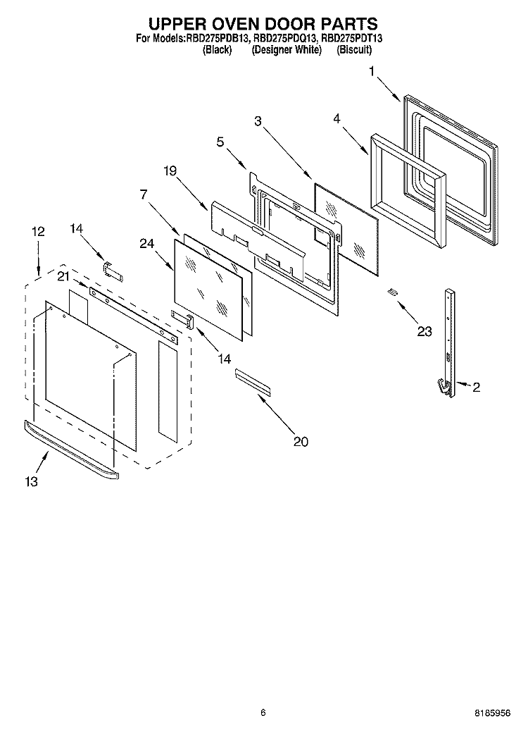 UPPER OVEN DOOR Diagram and Parts List for RBD275PDT13  Whirlpool Wall Oven