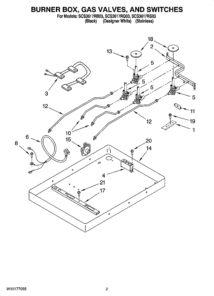 BURNER BOX, GAS VALVES, AND SWITCHES Diagram and Parts List for SCS3617RB03  Whirlpool Cooktop