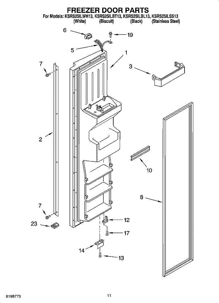 FREEZER DOOR PARTS Diagram and Parts List for KSRS25ILWH13  KitchenAid Refrigerator