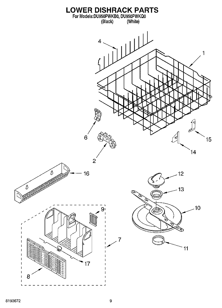 LOWER DISHRACK Diagram and Parts List for DU950PWKB0  Whirlpool Dishwasher