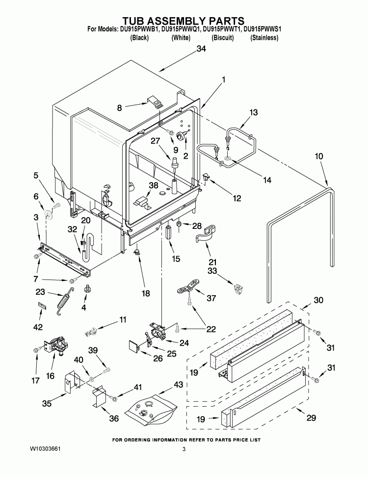 TUB ASSEMBLY PARTS Diagram and Parts List for DU915PWWB1  Whirlpool Dishwasher