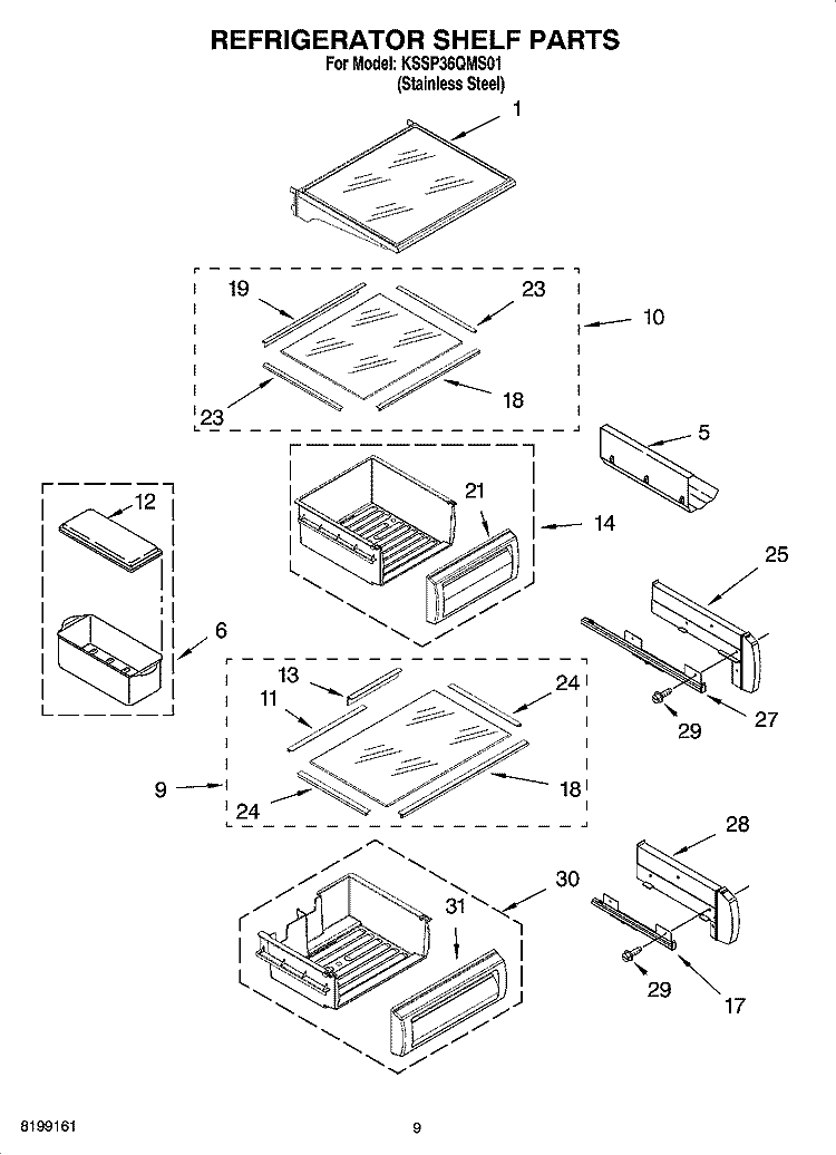 REFRIGERATOR SHELF PARTS Diagram and Parts List for KSSP36QMS01  KitchenAid Refrigerator