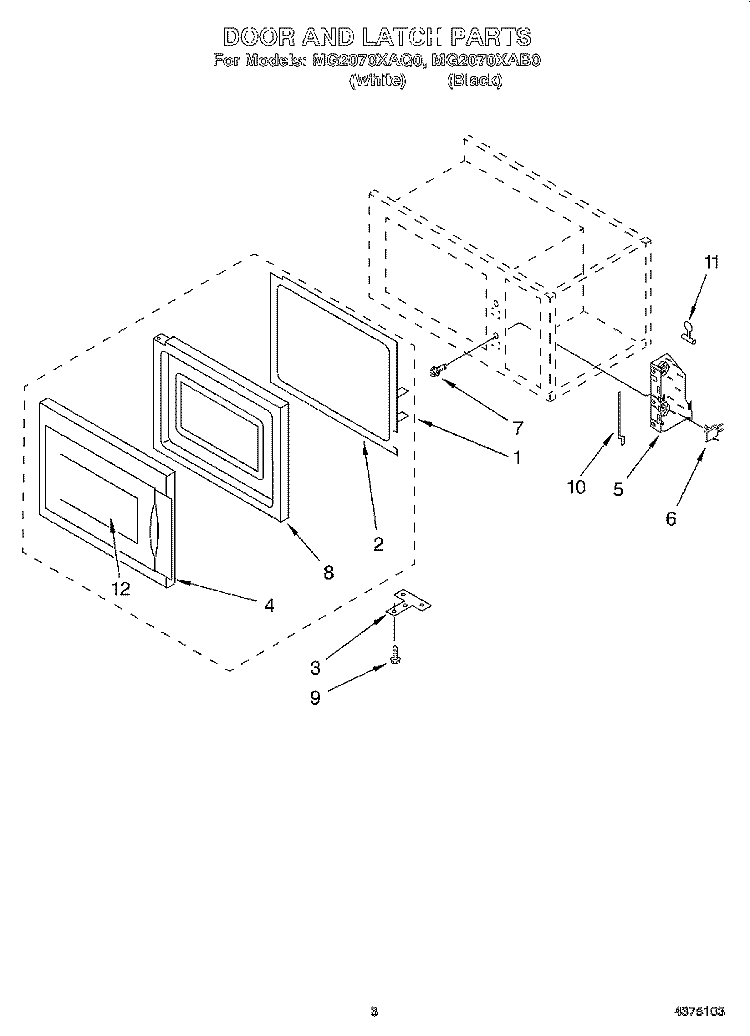 DOOR AND LATCH Diagram and Parts List for MG2070XAB0  Whirlpool Microwave