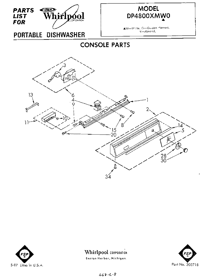 CONSOLE Diagram and Parts List for DP4800XMW0  Whirlpool Dishwasher