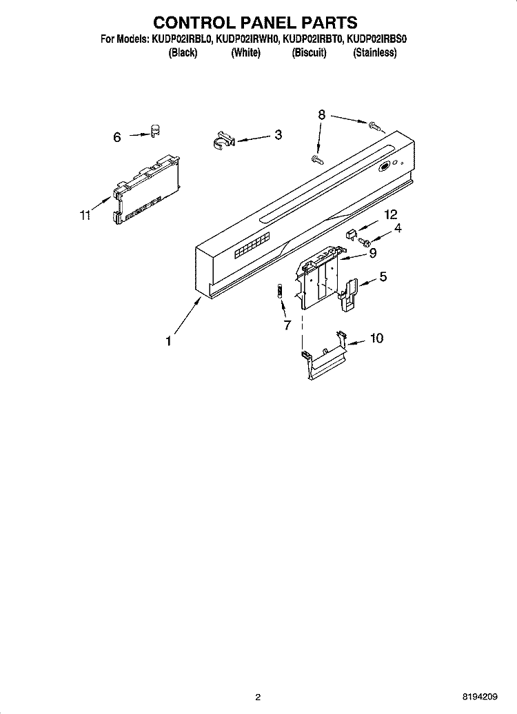 CONTROL PANEL PARTS Diagram and Parts List for KUDP02IRWH0  KitchenAid Dishwasher