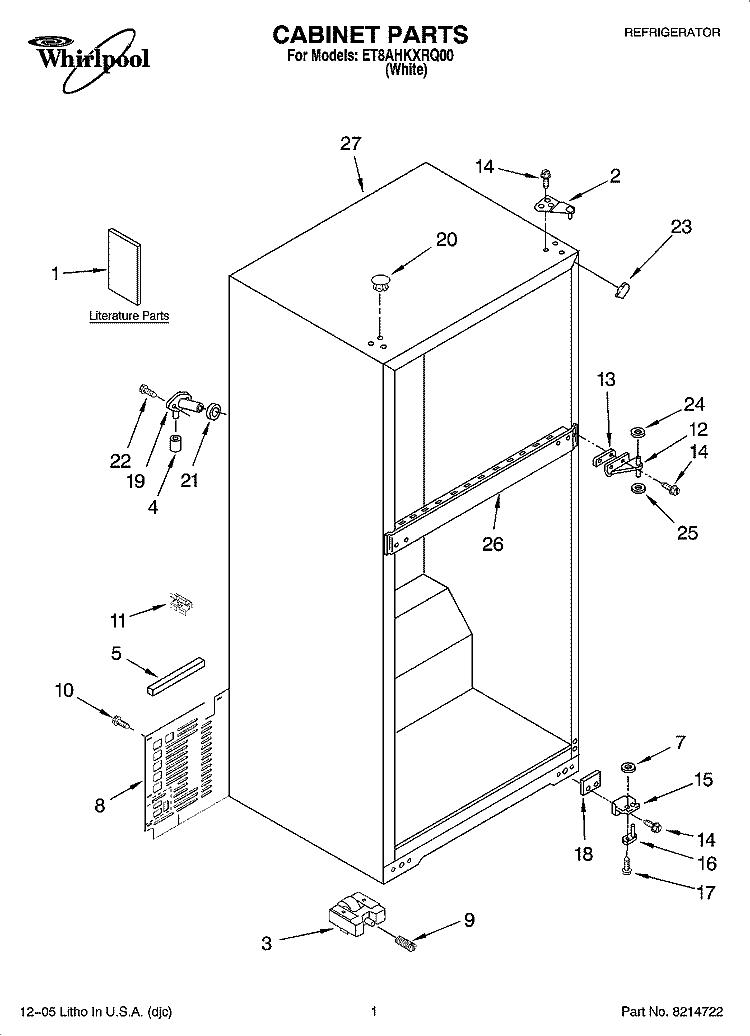 CABINET PARTS Diagram and Parts List for ET8AHKXRQ00  Whirlpool Refrigerator