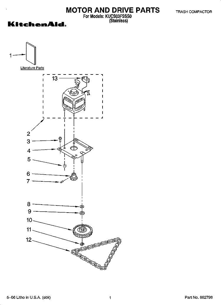 MOTOR AND DRIVE PARTS Diagram and Parts List for KUCS03FSSS0  KitchenAid Trash Compactor