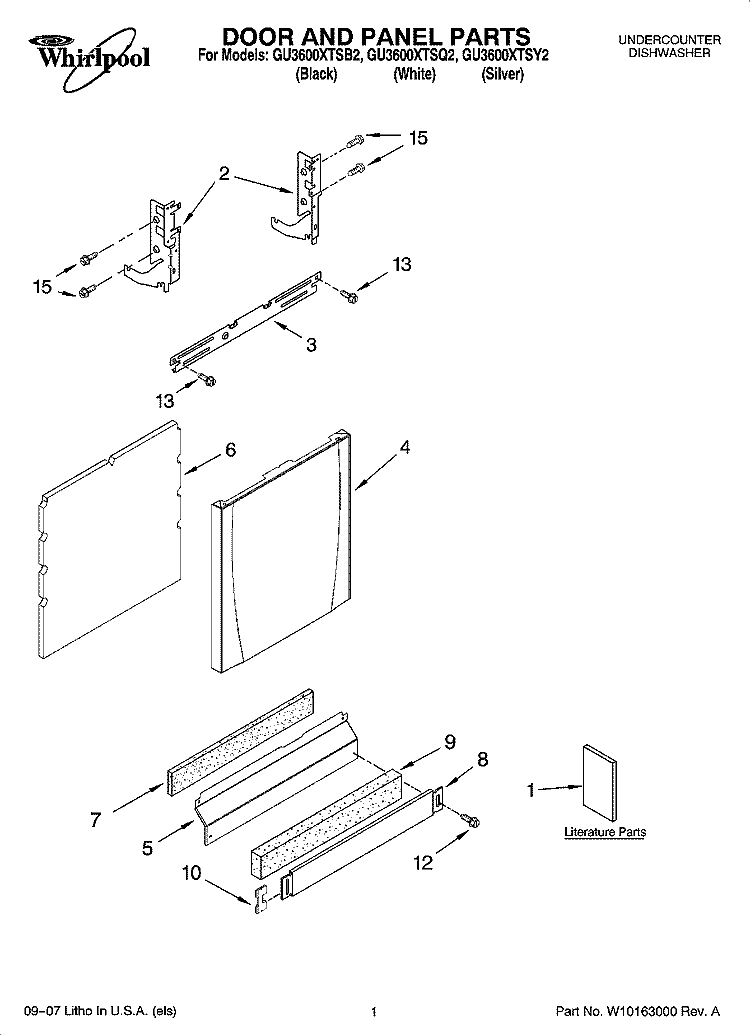 DOOR AND PANEL PARTS Diagram and Parts List for GU3600XTSY2  Whirlpool Dishwasher