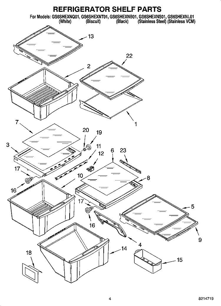 REFRIGERATOR SHELF PARTS Diagram and Parts List for GS6SHEXNL01  Whirlpool Refrigerator