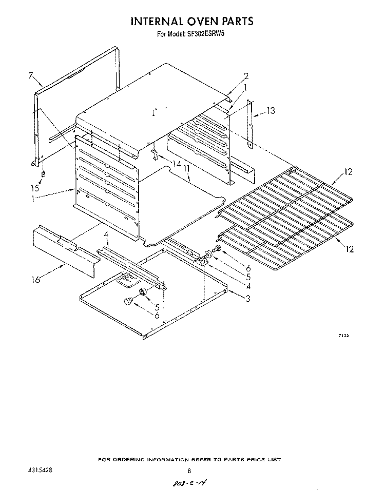 INTERNAL OVEN Diagram and Parts List for SF302ESRW5  Whirlpool Range