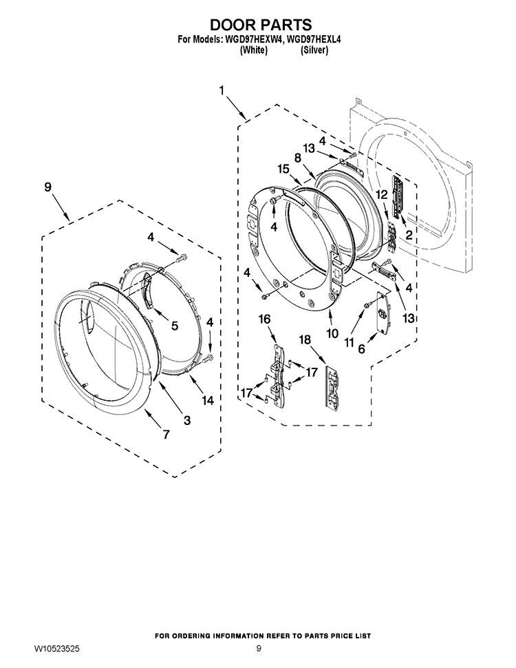 DOOR PARTS Diagram and Parts List for WGD97HEXW4  Whirlpool Dryer