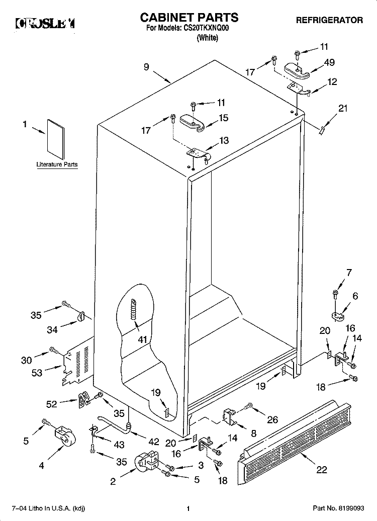 CABINET PARTS Diagram and Parts List for CS20TKXNQ00  Crosley Refrigerator