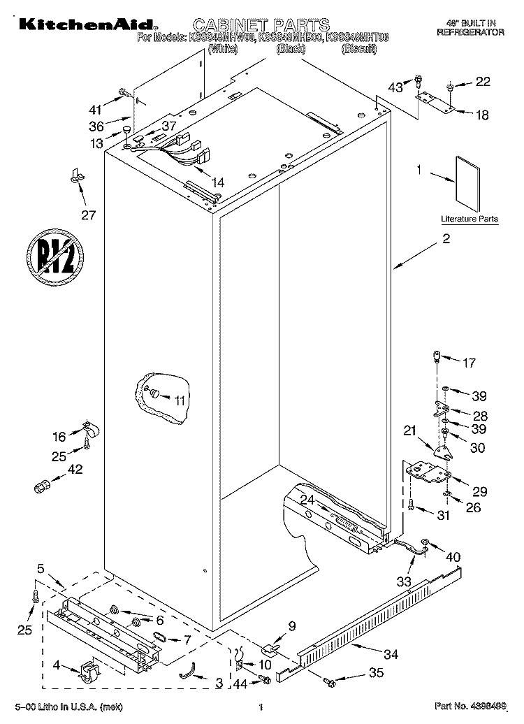 CABINET, LITERATURE Diagram and Parts List for KSSS48MHT00  KitchenAid Refrigerator