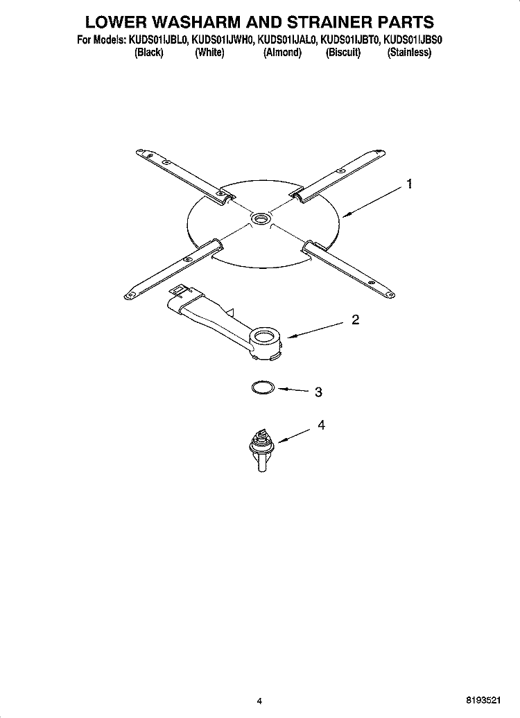 LOWER WASHARM AND STRAINER PARTS Diagram and Parts List for KUDS01IJBL0  KitchenAid Dishwasher