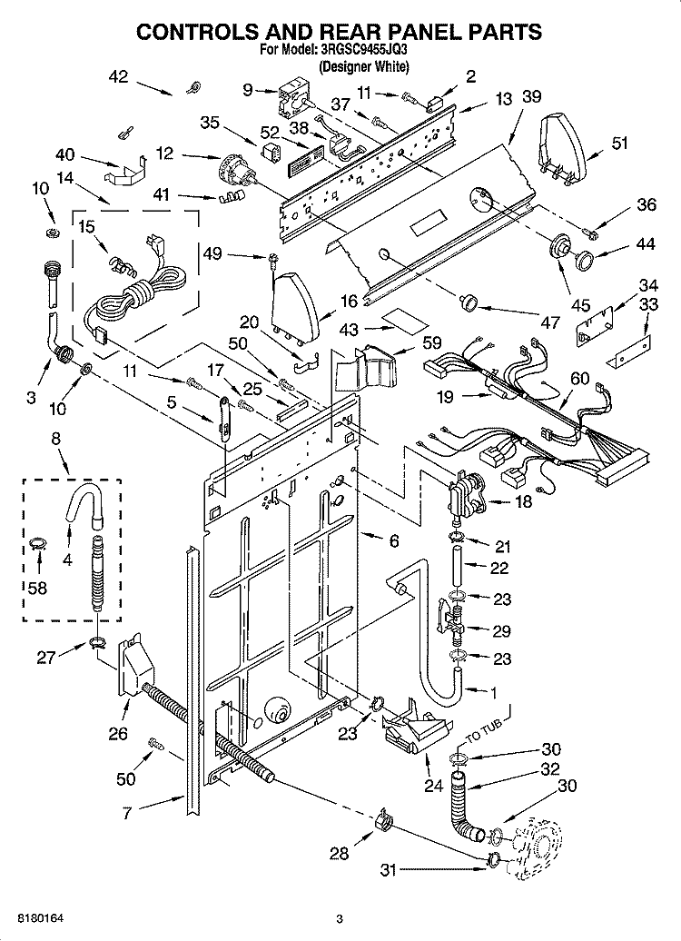 CONTROLS AND REAR PANEL PARTS Diagram and Parts List for 3RGSC9455JQ3  Whirlpool Washer