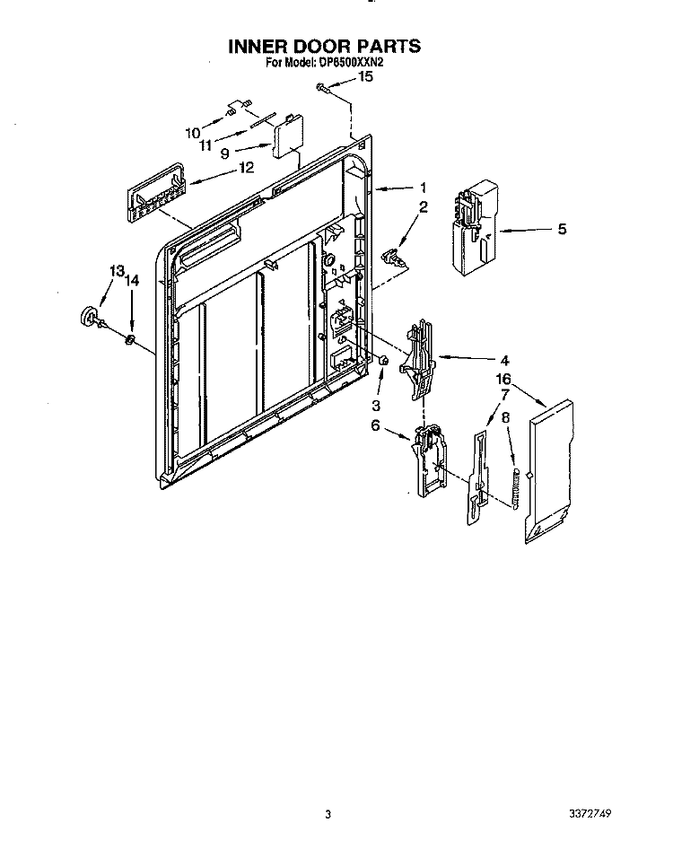 INNER DOOR Diagram and Parts List for DP8500XXN2  Whirlpool Dishwasher