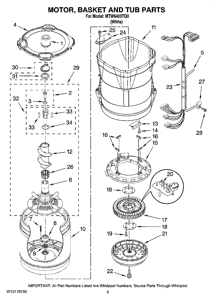 MOTOR, BASKET AND TUB PARTS Diagram and Parts List for MTW6400TQ0  Whirlpool Washer