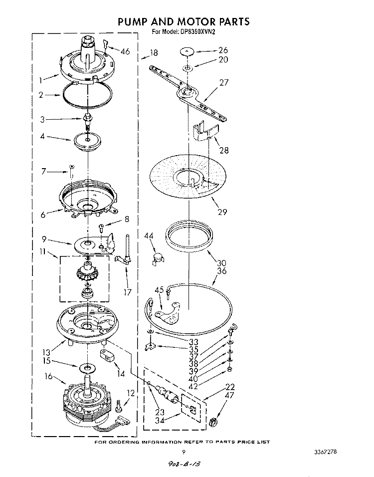 PUMP AND MOTOR Diagram and Parts List for DP8350XVN2  Whirlpool Dishwasher