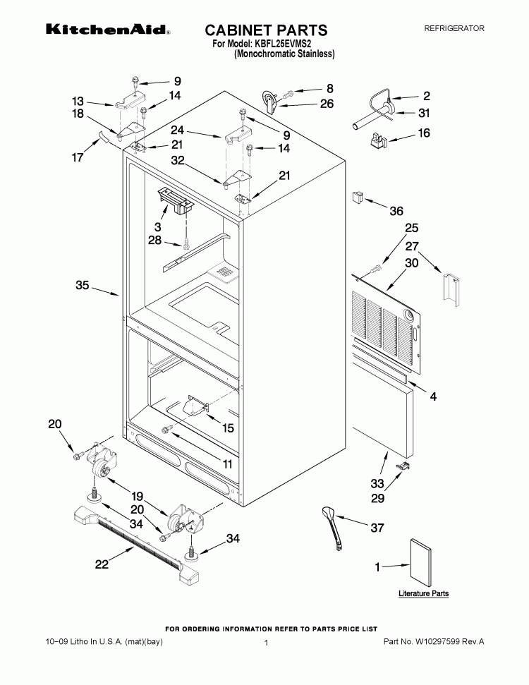 CABINET PARTS Diagram and Parts List for KBFL25EVMS2  KitchenAid Refrigerator