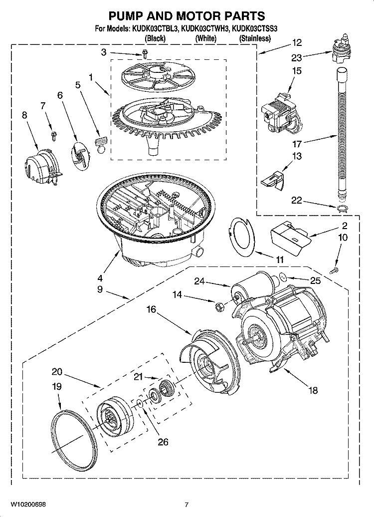 PUMP AND MOTOR PARTS Diagram and Parts List for KUDK03CTWH3  KitchenAid Dishwasher
