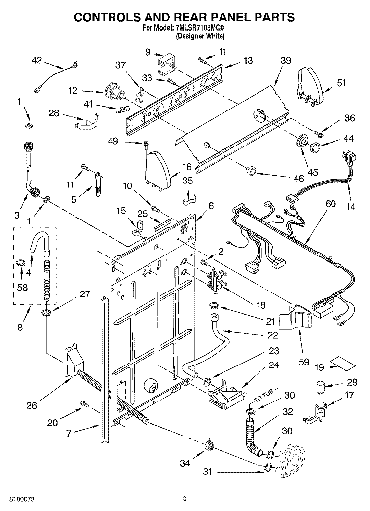 CONTROLS AND REAR PANEL PARTS Diagram and Parts List for 7MLSR7103MQ0  Whirlpool Washer