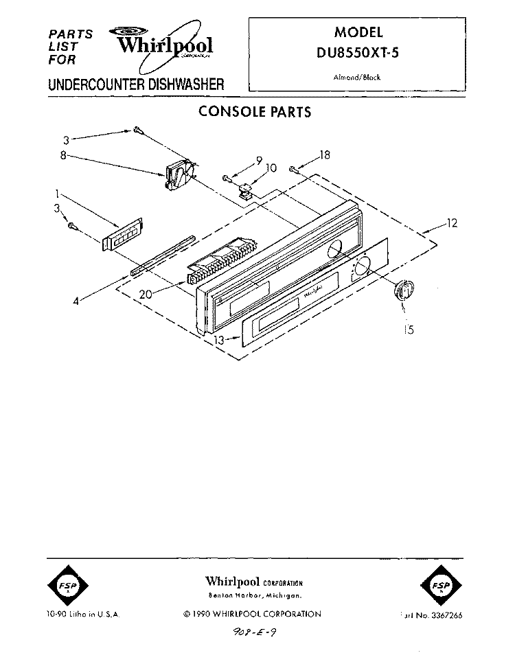 CONSOLE Diagram and Parts List for DU8550XT5  Whirlpool Dishwasher
