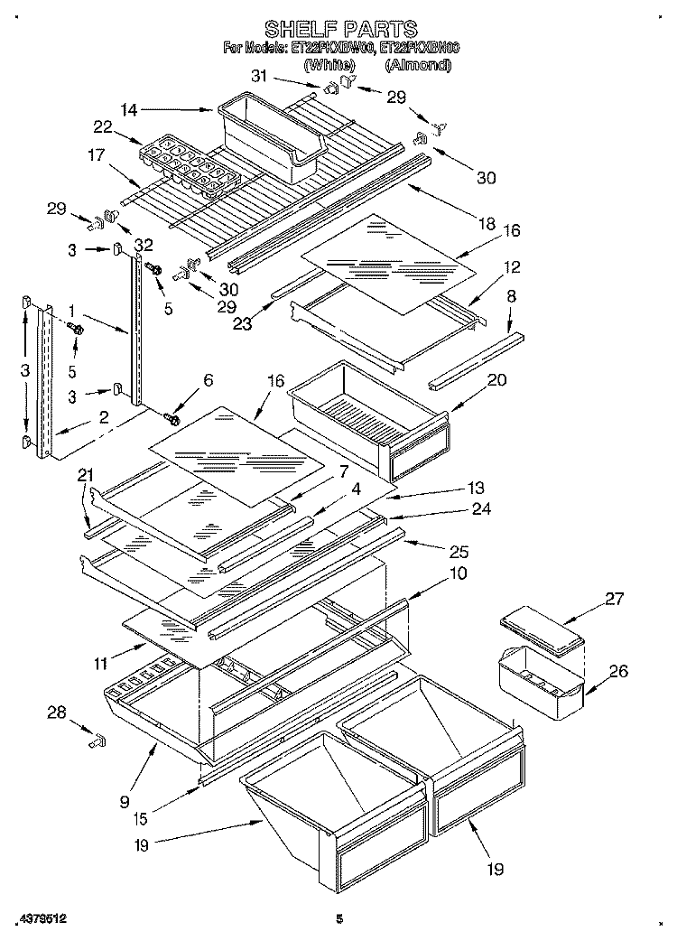 SHELF Diagram and Parts List for ET22PKXBW00  Whirlpool Refrigerator