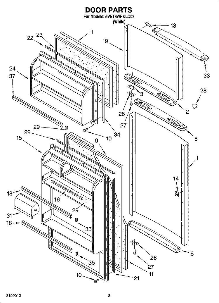 DOOR PARTS Diagram and Parts List for 5VET8WPKLQ02  Whirlpool Refrigerator