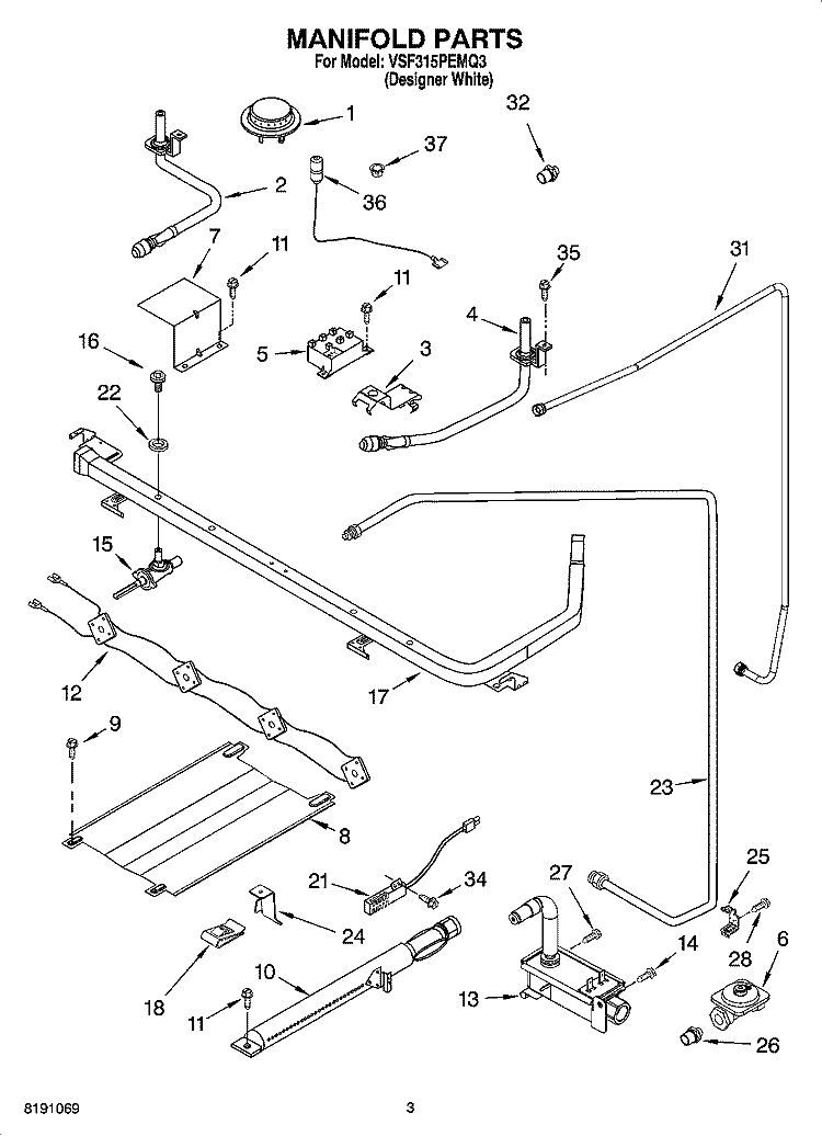 MANIFOLD PARTS Diagram and Parts List for VSF315PEMQ3  Whirlpool Range