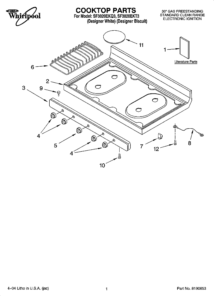 COOKTOP PARTS Diagram and Parts List for SF3020EKT3  Whirlpool Range