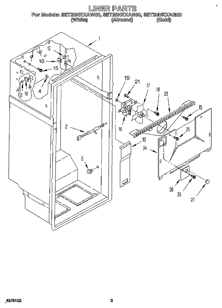 LINER Diagram and Parts List for 8ET20NKXAN00  Whirlpool Refrigerator