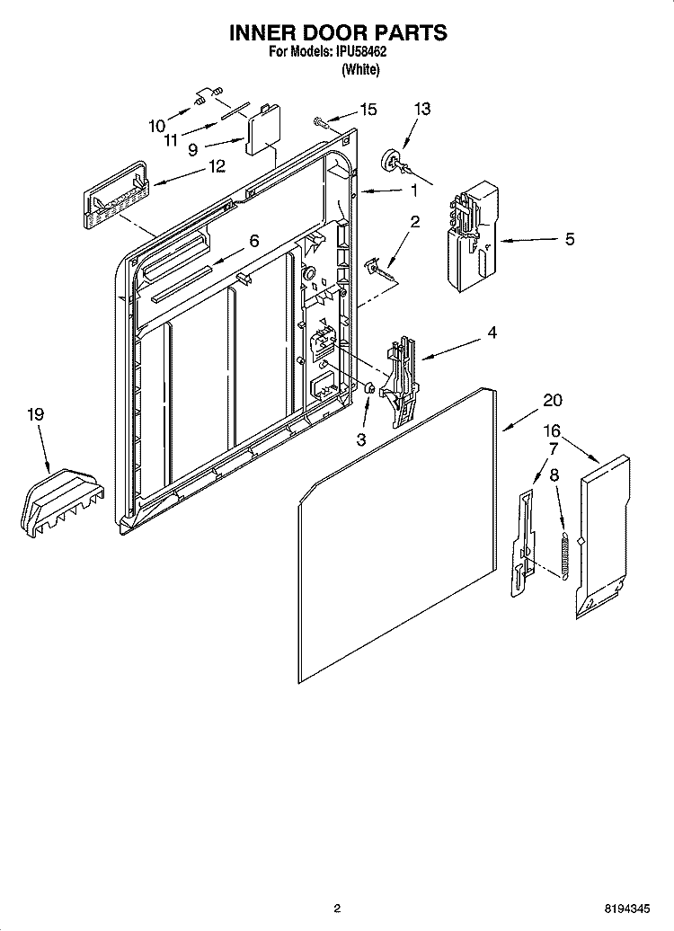 INNER DOOR PARTS Diagram and Parts List for IPU58462  Inglis Dishwasher
