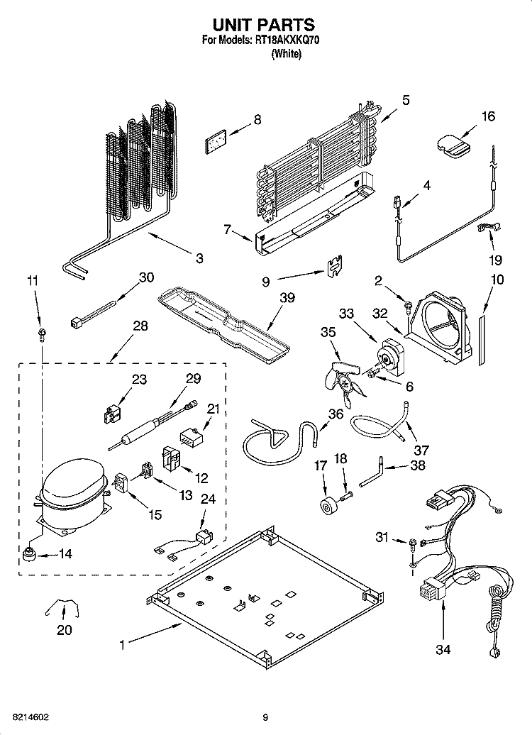 UNIT PARTS, OPTIONAL PARTS Diagram and Parts List for RT18AKXKQ70  Roper Refrigerator