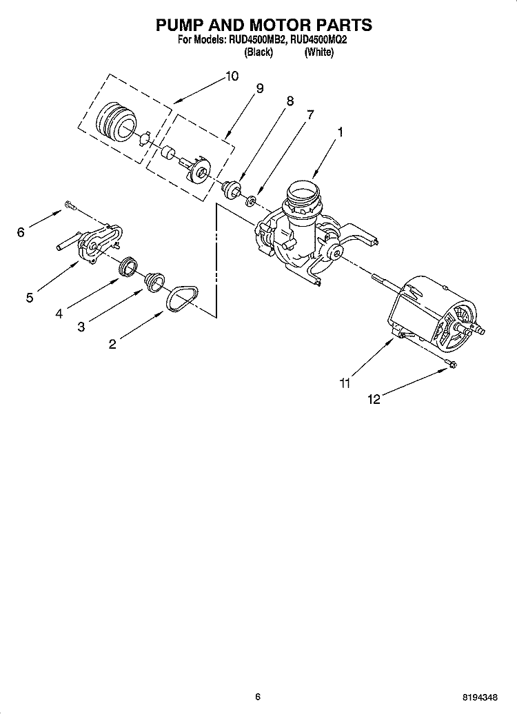 PUMP AND MOTOR PARTS Diagram and Parts List for RUD4500MQ2  Roper Dishwasher