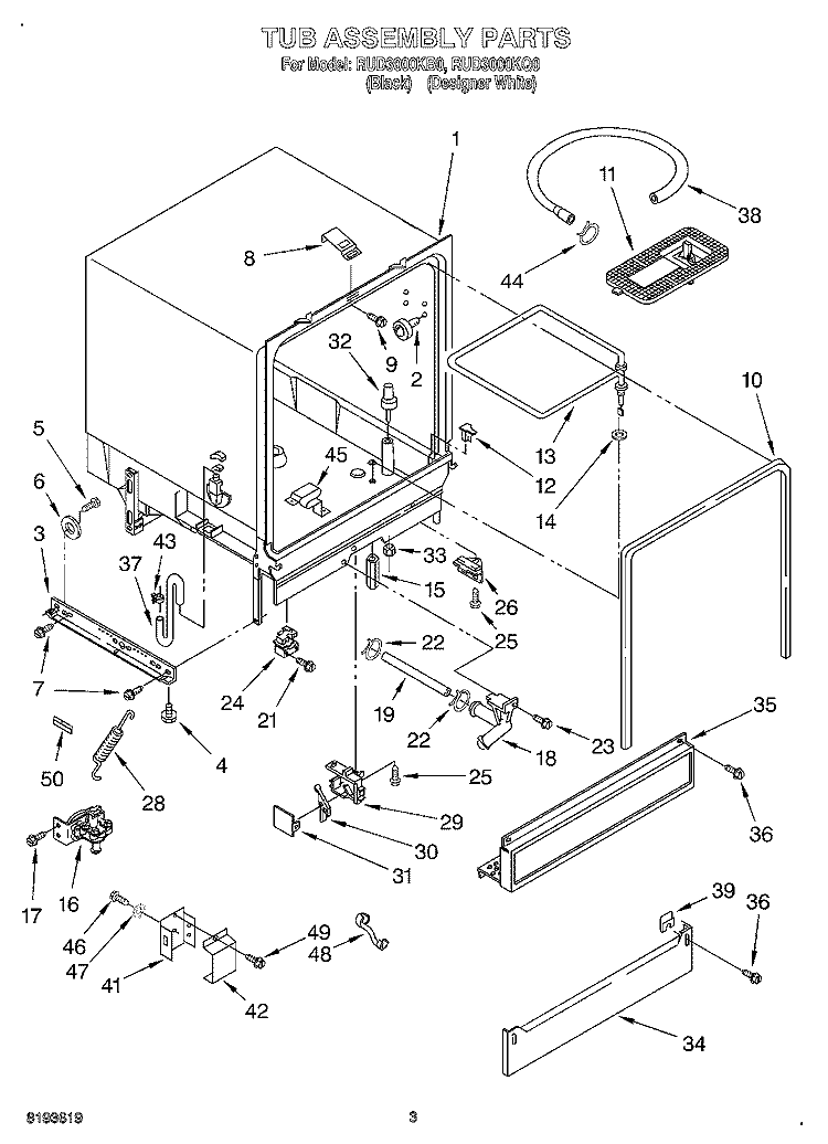 TUB ASSEMBLY Diagram and Parts List for RUD3000KQ0  Roper Dishwasher