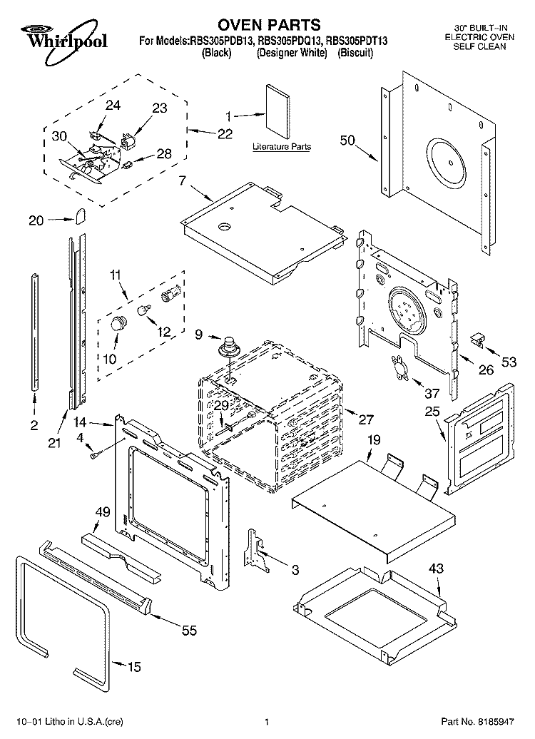 OVEN, LITERATURE Diagram and Parts List for RBS305PDB13  Whirlpool Wall Oven