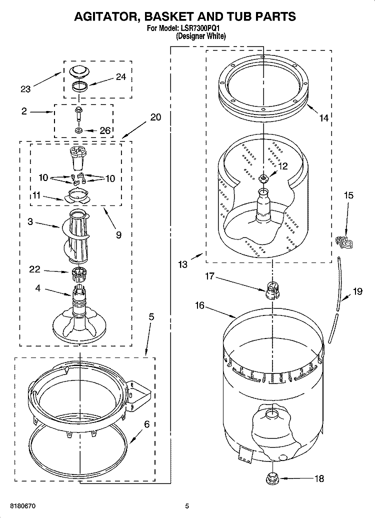 AGITATOR, BASKET AND TUB PARTS Diagram and Parts List for LSR7300PQ1  Whirlpool Washer