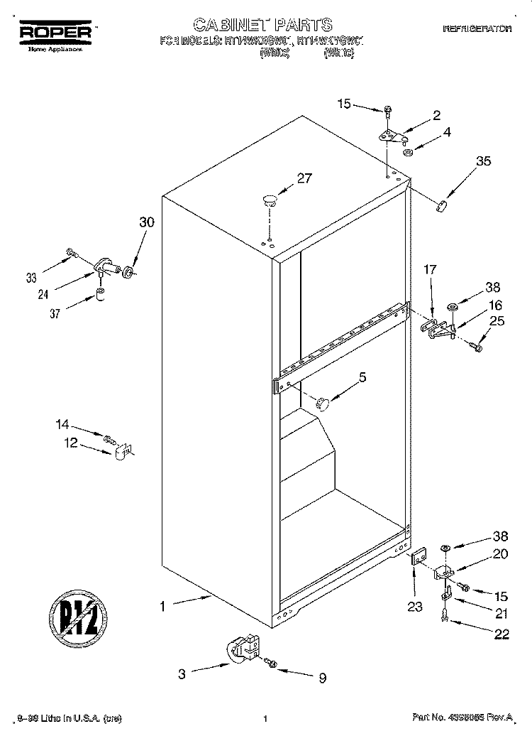 CABINET Diagram and Parts List for RT14WKYGW01  Roper Refrigerator
