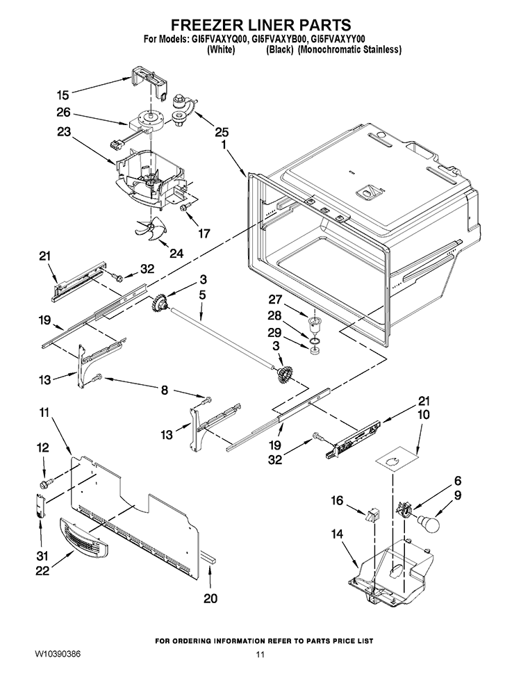 FREEZER LINER PARTS Diagram and Parts List for GI5FVAXYQ00  Whirlpool Refrigerator