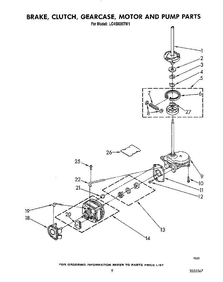 BRAKE, CLUTCH, GEARCASE, MOTOR AND PUMP Diagram and Parts List for LC4500XTW1  Whirlpool Washer