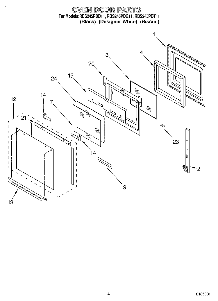 OVEN DOOR Diagram and Parts List for RBS245PDT11  Whirlpool Wall Oven