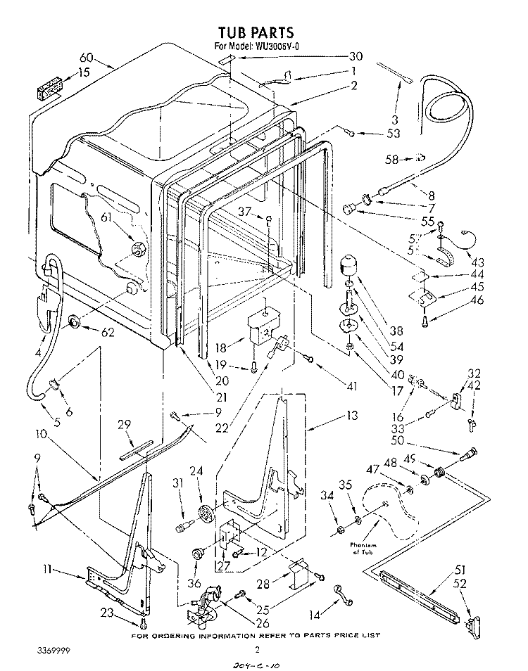 TUB , LITERATURE AND OPTIONAL Diagram and Parts List for WU3006V0  Roper Dishwasher